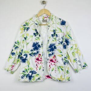 Chico's‎ White Blue Floral 3/4 Sleeve Ruffle Trim Open Jacket Womens 0 Small 4